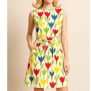 Vintage 60s Tanner of North Carolina Tulip Print Mini Shift Dress Sleeveless 8
